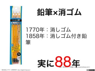 一般社団法人デザイン思考研究所 <http://designthinking.or.jp/>    
鉛筆 消ゴム
画像：株式会社トンボ鉛筆＜http://www.tombow.com＞
1770年：消しゴム 
1858年：消しゴム付き鉛
筆
実に88年
 