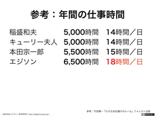 一般社団法人デザイン思考研究所 <http://designthinking.or.jp/>    
参考：年間の仕事時間
稲盛和夫   5,000時間 14時間／日
キューリー夫人 5,000時間 14時間／日
本田宗一郎  5,500時間 15時間／日
エジソン   6,500時間 18時間／日
参考：竹田陽一『小さな会社 けのルール』フォレスト出版
 