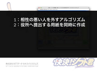 1：相性の悪い人を外すアルゴリズム
2：役所へ提出する用紙を同時に作成
 