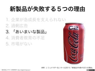 一般社団法人デザイン思考研究所 <http://designthinking.or.jp/>    
新製品が失敗する５つの理由
1.  企業が急成長を支えられない
2.  過剰広告
3.  「あいまいな製品」
4.  消費者教育の不足
5.  市場がない
参照：J. シュナイダー＆J. ホール(2011)「新製品が失敗する5つの理由」
 