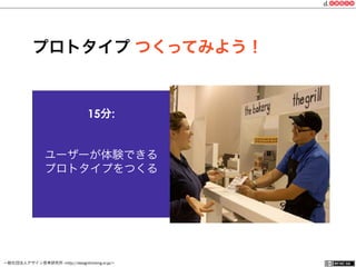 一般社団法人デザイン思考研究所 <http://designthinking.or.jp/>    
プロトタイプ つくってみよう！
15分:
ユーザーが体験できる
プロトタイプをつくる
 