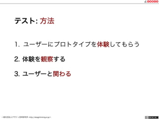 一般社団法人デザイン思考研究所 <http://designthinking.or.jp/>    
テスト: 方法
1.  ユーザーにプロトタイプを体験してもらう
2.  体験を観察する
3.  ユーザーと関わる
 