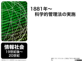 一般社団法人デザイン思考研究所 <http://designthinking.or.jp/>    
情報社会
19世紀後∼
20世紀
1881年∼
 科学的管理法の実施
参照：P. F. ドラッカー (1993)『ポスト資本主義社
会』
 