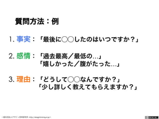 一般社団法人デザイン思考研究所 <http://designthinking.or.jp/>    
1. 事実：「最後に⃝⃝したのはいつですか？」
2. 感情：「過去最高／最低の…」
「嬉しかった／腹がたった…」
3. 理由：「どうして⃝⃝なんですか？」
     「少し詳しく教えてもらえますか？」
質問方法：例
 