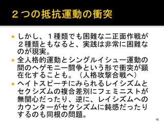  しかし、１種類でも困難な二正面作戦が
２種類ともなると、実践は非常に困難な
のが現実。
 全人格的運動とシングルイシュー運動の
間のヘゲモニー闘争という形で衝突が顕
在化することも。（人格攻撃合戦へ）
 ヘイトスピーチにみられるレイシズムと
セクシズムの複合差別にフェミニストが
無関心だったり、逆に、レイシズムへの
カウンターがセクシズムに鈍感だったり
するのも同根の問題。 16
 