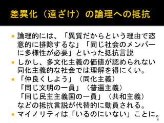  論理的には、「異質だからという理由で恣
意的に排除するな」「同じ社会のメンバー
に多様性が必要」といった抵抗言説
 しかし、多文化主義の価値が認められない
同化主義的な社会では理解を得にくい。
 「仲良くしよう」（同化主義）
「同じ文明の一員」（普遍主義）
「同じ民主主義国の一員」（共和主義）
などの抵抗言説が代替的に動員される。
 マイノリティは「いるのにいない」ことに。
6
 