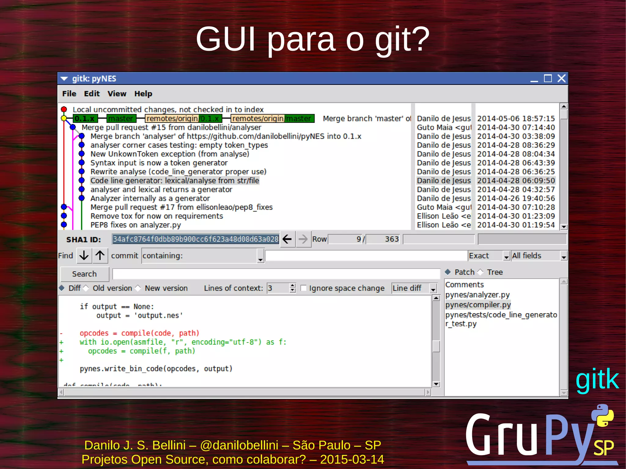 Danilo J. S. Bellini – @danilobellini – São Paulo – SP
Projetos Open Source, como colaborar? – 2015-03-14
GUI para o git?
gitk
 
