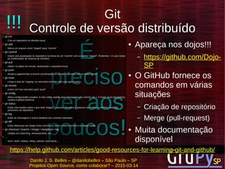 Danilo J. S. Bellini – @danilobellini – São Paulo – SP
Projetos Open Source, como colaborar? – 2015-03-14
ÉÉ
precisopreciso
ver aosver aos
poucos!poucos!
Git
Controle de versão distribuído●
git initgit init
– Cria um repositório no diretório atualCria um repositório no diretório atual
●
git addgit add
– Marca um arquivo como “staged” para “commit”Marca um arquivo como “staged” para “commit”
●
git commitgit commit
– Insere uma atualização no repositório na forma de um “commit” com os dados “staged”. Parâmetro “-a” para todasInsere uma atualização no repositório na forma de um “commit” com os dados “staged”. Parâmetro “-a” para todas
as modificações de arquivos já inseridos.as modificações de arquivos já inseridos.
●
git pullgit pull
– Obtém os dados do remote, atualizando o repositório localObtém os dados do remote, atualizando o repositório local
●
git pushgit push
– Atualiza (append-like) a branch (ramificação) no servidor (remote) com os dados locaisAtualiza (append-like) a branch (ramificação) no servidor (remote) com os dados locais
●
git resetgit reset
– Limpa a área de “staging” ou retrocede commits (não usar após push)Limpa a área de “staging” ou retrocede commits (não usar após push)
●
git remotegit remote
– Insere um host (servidor) para “push”Insere um host (servidor) para “push”
●
git configgit config
– Altera configurações (usuário, e-mail, editor padrão para mensagens dos commit, etc.). 3 níveis: local (repositório),Altera configurações (usuário, e-mail, editor padrão para mensagens dos commit, etc.). 3 níveis: local (repositório),
usuário e global (sistema)usuário e global (sistema)
●
git statusgit status
– Exibe informações sobre o que está “staged”, arquivos alterados e arquivos que estão no diretório mas nãoExibe informações sobre o que está “staged”, arquivos alterados e arquivos que estão no diretório mas não
pertencem ao repositóriopertencem ao repositório
●
git loggit log
– Exibe as mensagens e outros detalhes dos commits realizadosExibe as mensagens e outros detalhes dos commits realizados
●
git diffgit diff
– Exibe diferenças de código entre commits ou entre o último commit e os dados atuaisExibe diferenças de código entre commits ou entre o último commit e os dados atuais
●
git checkout / branch / merge / mergetool / taggit checkout / branch / merge / mergetool / tag
– Usados em branching, versionamento, etc.Usados em branching, versionamento, etc.
●
……
– fetch, stash, rebase, reflog, subtree, submodule, ...fetch, stash, rebase, reflog, subtree, submodule, ...
● Apareça nos dojos!!!
– https://github.com/Dojo-
SP
● O GitHub fornece os
comandos em várias
situações
– Criação de repositório
– Merge (pull-request)
● Muita documentação
disponível
!!!
https://help.github.com/articles/good-resources-for-learning-git-and-github/
 
