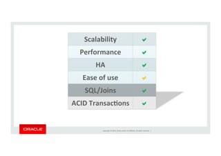 Copyright	
  ©	
  2014,	
  Oracle	
  and/or	
  its	
  aﬃliates.	
  All	
  rights	
  reserved.	
  	
  |	
  
Scalability	
   !"
Performance	
   !"
HA	
   !"
Ease	
  of	
  use	
   !"
SQL/Joins	
   !"
ACID	
  TransacBons	
   !"
 