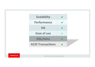 Copyright	
  ©	
  2014,	
  Oracle	
  and/or	
  its	
  aﬃliates.	
  All	
  rights	
  reserved.	
  	
  |	
  
Scalability	
   !"
Performance	
   !"
HA	
   !"
Ease	
  of	
  use	
   !"
SQL/Joins	
   !"
ACID	
  TransacBons	
   !"
 