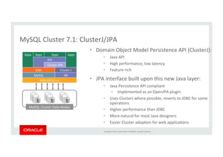 Copyright	
  ©	
  2014,	
  Oracle	
  and/or	
  its	
  aﬃliates.	
  All	
  rights	
  reserved.	
  	
  |	
  
MySQL	
  Cluster	
  7.1:	
  ClusterJ/JPA	
  
•  Domain	
  Object	
  Model	
  Persistence	
  API	
  (ClusterJ):	
  
•  Java	
  API	
  
•  High	
  performance,	
  low	
  latency	
  
•  Feature	
  rich	
  
•  JPA	
  interface	
  built	
  upon	
  this	
  new	
  Java	
  layer:	
  
•  Java	
  Persistence	
  API	
  compliant	
  
•  Implemented	
  as	
  an	
  OpenJPA	
  plugin	
  
•  Uses	
  ClusterJ	
  where	
  possible,	
  reverts	
  to	
  JDBC	
  for	
  some	
  
operaKons	
  
•  Higher	
  performance	
  than	
  JDBC	
  
•  More	
  natural	
  for	
  most	
  Java	
  designers	
  
•  Easier	
  Cluster	
  adopKon	
  for	
  web	
  applicaKons	
  
Apps	
 Apps	
 Apps	
 Apps	
JPA	
Cluster	
  JPA	
JDBC	
 Cluster	
  J	
MySQL	
 JNI	
NDB	
  API	
  (C++)	
MySQL	
  Cluster	
  Data	
  Nodes	
  
 