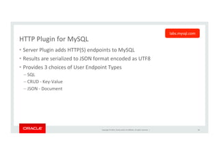 Copyright	
  ©	
  2014,	
  Oracle	
  and/or	
  its	
  aﬃliates.	
  All	
  rights	
  reserved.	
  	
  |	
  
HTTP	
  Plugin	
  for	
  MySQL	
  
•  Server	
  Plugin	
  adds	
  HTTP(S)	
  endpoints	
  to	
  MySQL	
  
•  Results	
  are	
  serialized	
  to	
  JSON	
  format	
  encoded	
  as	
  UTF8	
  
•  Provides	
  3	
  choices	
  of	
  User	
  Endpoint	
  Types	
  
– SQL	
  
– CRUD	
  -­‐	
  Key-­‐Value	
  
– JSON	
  -­‐	
  Document	
  
59	
  
labs.mysql.com	
  
 