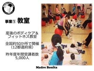 事業① 教室  
産後のボディケア＆
フィットネス教室
全国約50か所で開催
（12都道府県）
昨年年度度年年間受講者数
5,000⼈人
 