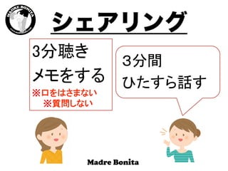 シェアリング
３分間	
ひたすら話す	
3分聴き	
メモをする	
※口をはさまない 
※質問しない	
 
