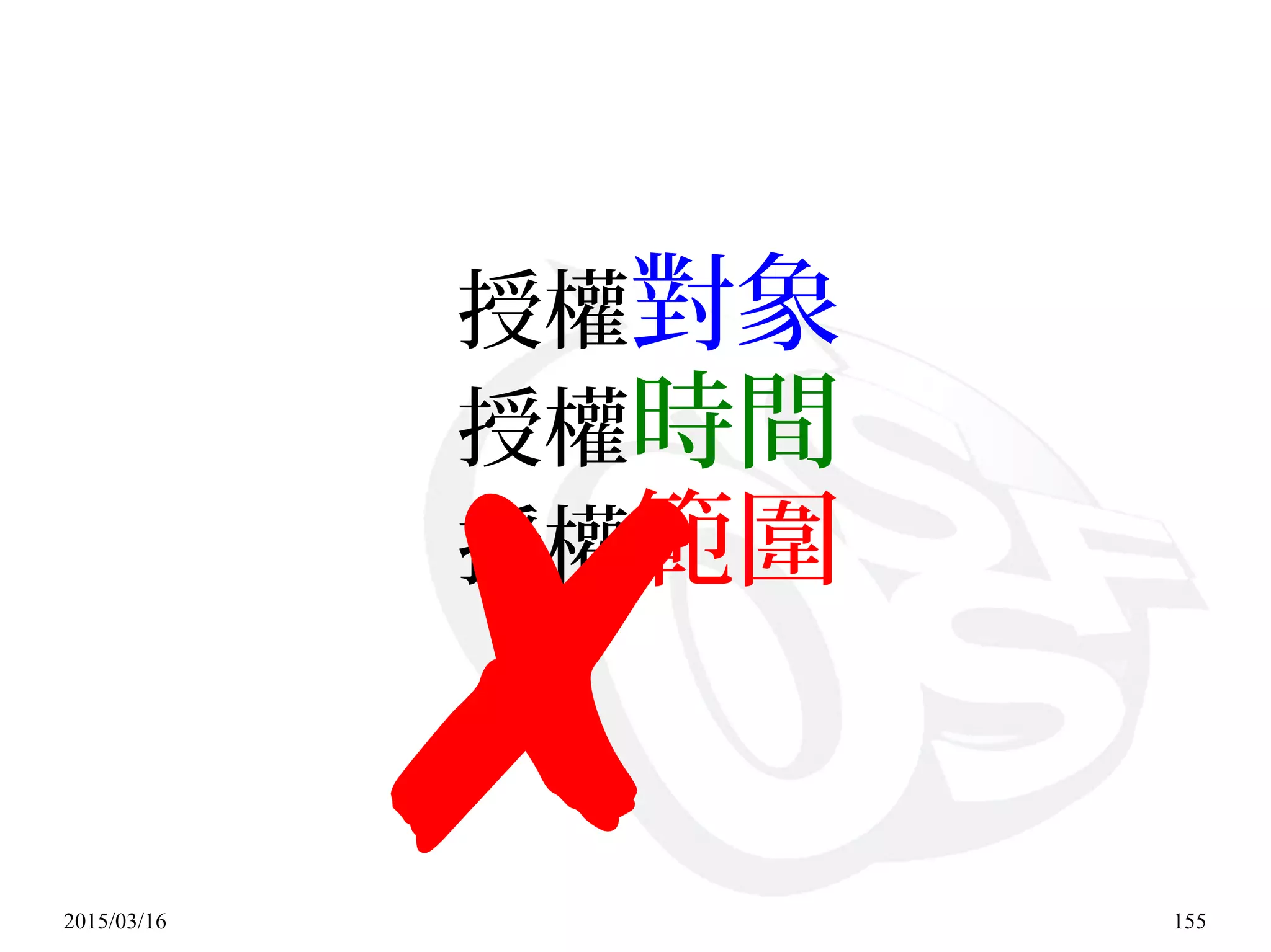 2015/03/16 155
授權對象
授權時間
授權範圍
✘
 