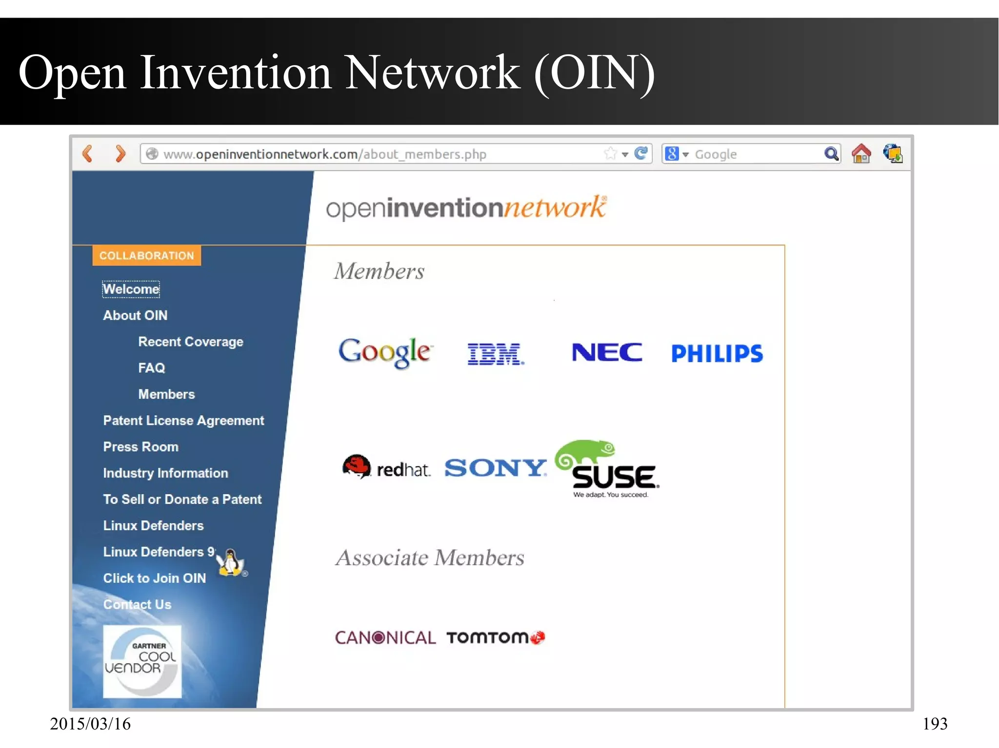 2015/03/16 193
Open Invention Network (OIN)
 