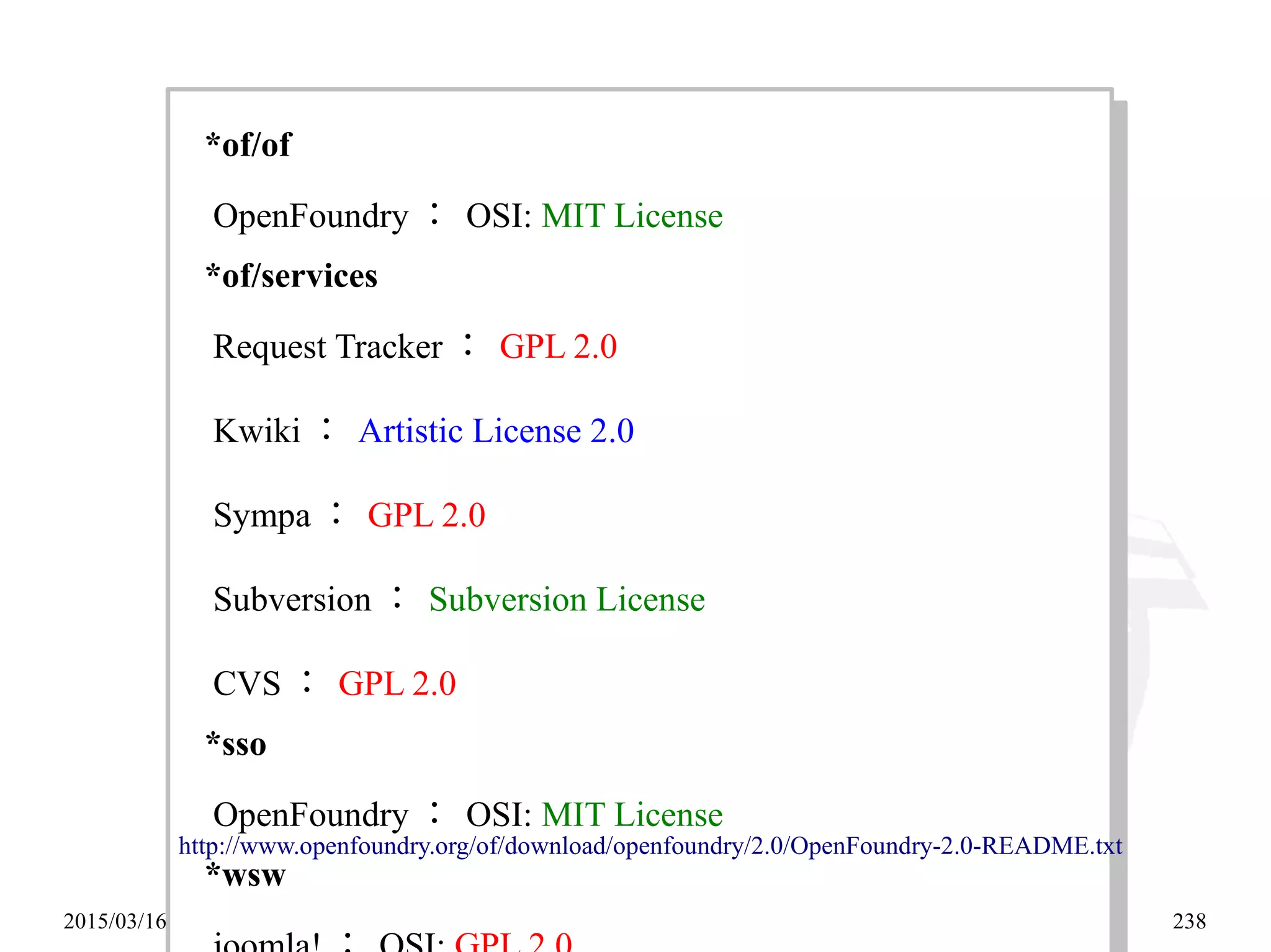 2015/03/16 238
*of/of
OpenFoundry ： OSI: MIT License
*of/services
Request Tracker ： GPL 2.0
Kwiki ： Artistic License 2.0
Sympa ： GPL 2.0
Subversion ： Subversion License
CVS ： GPL 2.0
*sso
OpenFoundry ： OSI: MIT License
*wsw
*of/of
OpenFoundry ： OSI: MIT License
*of/services
Request Tracker ： GPL 2.0
Kwiki ： Artistic License 2.0
Sympa ： GPL 2.0
Subversion ： Subversion License
CVS ： GPL 2.0
*sso
OpenFoundry ： OSI: MIT License
*wsw
http://www.openfoundry.org/of/download/openfoundry/2.0/OpenFoundry-2.0-README.txt
 