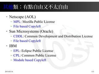 2015/03/16 115
其他類：有點自由又不太自由
● Netscape (AOL)
– MPL: Mozilla Public License
– File based Copyleft
● Sun Microsystems (Oracle)
– CDDL: Common Development and Distribution License
– File based Copyleft
● IBM
– EPL: Eclipse Public License
– CPL: Common Public License
– Module based Copyleft
 