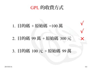 2015/03/16 161
GPL 的收費方式
1. 目的碼 + 原始碼 =100 萬
2. 目的碼 99 萬 + 原始碼 300 元
3. 目的碼 100 元 + 原始碼 99 萬
√
√
×
 