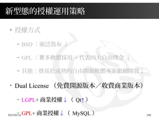 2015/03/16 240
新型態的授權運用策略
●
授權方式
– BSD ：廣泛散布 ↓
– GPL ： 多軟體採用眾 + 代表四大自由理念 ↓
– 其他：奠基於成熟的自由開源軟體專案繼續開發↓
●
Dual License （免費開源版本／收費商業版本）
– LGPL+ 商業授權↓（ Qt↑ ）
– GPL+ 商業授權↓（ MySQL ）
 