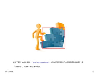 2015/03/16 72
此圖下載於 MySQL 網站： http://www.mysql.com/，本次取用特別聲明在自由開源軟體推廣演講中主張
「合理使用」，請讀者不要更行移置他用。
 