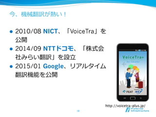 !  2010/08 NICT VoiceTra
!  2014/09 NTT
!  2015/01 Google
http://voicetra-plus.jp/
 