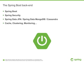 Unless otherwise indicated, these slides are © 2013-2014 Pivotal Software, Inc. and licensed under a

Creative Commons Attribution-NonCommercial license: http://creativecommons.org/licenses/by-nc/3.0/
The Spring Boot back-end
! Spring Boot
! Spring Security
! Spring Data JPA / Spring Data MongoDB / Cassandra
! Cache, Clustering, Monitoring…
6
 