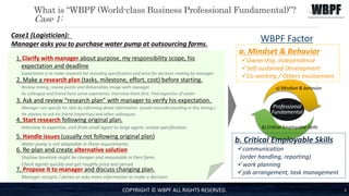 What is “WBPF (World-class Business Professional Fundamental)”?
Case 1:
2
Case1 (Logistician):
Manager asks you to purchase water pump at outsourcing farms.
1. Clarify with manager about purpose, my responsibility scope, his
expectation and deadline
Expectation is to make research list including specification and price for decision-making by manager.
2. Make a research plan (tasks, milestone, effort, cost) before starting.
Review timing, review points and deliverables image with manager.
As colleague and friend have some experience, interview them first. Find expertise of water.
3. Ask and review “research plan” with manager to verify his expectation.
Manager can specify his idea by informing detail information. (avoid misunderstanding in this timing.)
He advises to ask his friend (expertise) and other colleagues.
4. Start research following original plan.
Interview to expertise, visit from small agent to large agent, review specification.
5. Handle issues (usually not following original plan)
Water pump is not adaptable in these requirements.
6. Re-plan and create alternative solution
Shallow borehole might be cheaper and reasonable in their farm.
Check agents quickly and get roughly price and period.
7. Propose it to manager and discuss changing plan.
Manager accepts / denies or asks more information to make a decision.
COPYRIGHT © WBPF ALL RIGHTS RESERVED.
WBPF Factor
Professional
Fundamental
a. Mindset & Behavior
Ownership, Independence
Self-sustained Development
Co-working / Others Involvement
b. Critical Employable Skills
communication
(order handling, reporting)
work planning
job arrangement, task management
a) Mindset & behavior
b) Critical Employable Skills
 