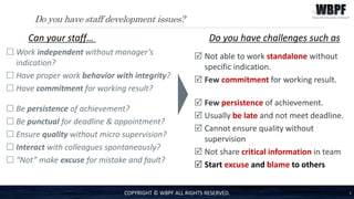 Do you have staff development issues?
COPYRIGHT © WBPF ALL RIGHTS RESERVED. 1
 Work independent without manager’s
indication?
 Have proper work behavior with integrity?
 Have commitment for working result?
 Be persistence of achievement?
 Be punctual for deadline & appointment?
 Ensure quality without micro supervision?
 Interact with colleagues spontaneously?
 “Not” make excuse for mistake and fault?
Can your staff…
 Not able to work standalone without
specific indication.
 Few commitment for working result.
 Few persistence of achievement.
 Usually be late and not meet deadline.
 Cannot ensure quality without
supervision
 Not share critical information in team
 Start excuse and blame to others
Do you have challenges such as
 