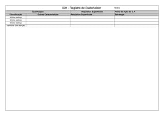 ISH - Registro de Stakeholder Online
Qualificação Requisitos Superficiais Plano de Ação do G.P.
Classificação Outras Caracteristicas Requisitos Superficiais Estrátegia
Mínimo esforço
Mínimo esforço
Mínimo esforço
Gerenciar com atenção
 