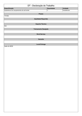 DT - Declaração de Trabalho
Especificação Quantidade Unidade
Experiência com equipamentos de call center 1 hora/técnica
Prazos
10 dias
Qualidade Requirida
Suporte Técnico
Sim
Treinamento Desejado
Nivel Serviço
Garantia
Local Entrega
Sede do SESI
 