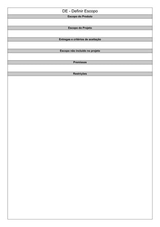 DE - Definir Escopo
Escopo do Produto
Escopo do Projeto
Entregas e critérios de aceitação
Escopo não incluído no projeto
Premissas
Restrições
 