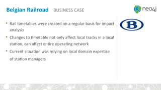 Belgian	
  Railroad	
  	
  	
  	
  BUSINESS	
  CASE	
  
•  Rail	
  )metables	
  were	
  created	
  on	
  a	
  regular	
  basis	
  for	
  impact	
  
analysis	
  	
  
•  Changes	
  to	
  )metable	
  not	
  only	
  aﬀect	
  local	
  tracks	
  in	
  a	
  local	
  
sta)on,	
  can	
  aﬀect	
  en)re	
  opera)ng	
  network	
  
•  Current	
  situa)on	
  was	
  relying	
  on	
  local	
  domain	
  exper)se	
  
	
  	
  	
  	
  of	
  sta)on	
  managers	
  
	
  
 
