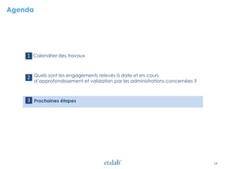 Agenda
> Calendrier des travaux
> Quels sont les engagements relevés à date et en cours
d’approfondissement et validation par les administrations concernées ?
> Prochaines étapes
1
2
14
3
 