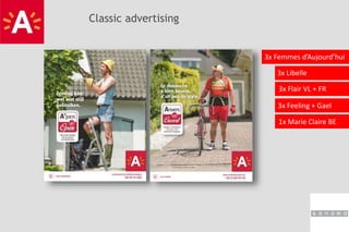 3x Flair VL + FR
Classic advertising
1x Marie Claire BE
3x Libelle
3x Femmes d’Aujourd’hui
3x Feeling + Gael
 