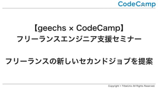 【geechs CodeCamp】
フリーランスエンジニア支援セミナー
フリーランスの新しいセカンドジョブを提案
Copyright © TribeUniv All Rights Reserved.
 