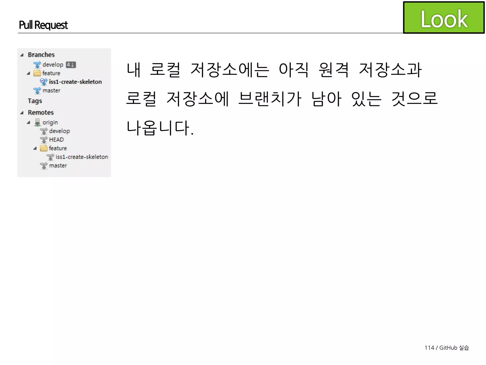 114 / GitHub 실습
Pull Request
도구모음에서 Fetch를 클릭합니다.
Prune ... remote(s)에 체크한후
OK를 클릭합니다.
원격 저장소의 브랜치 정보가 사라졌습니다.
 