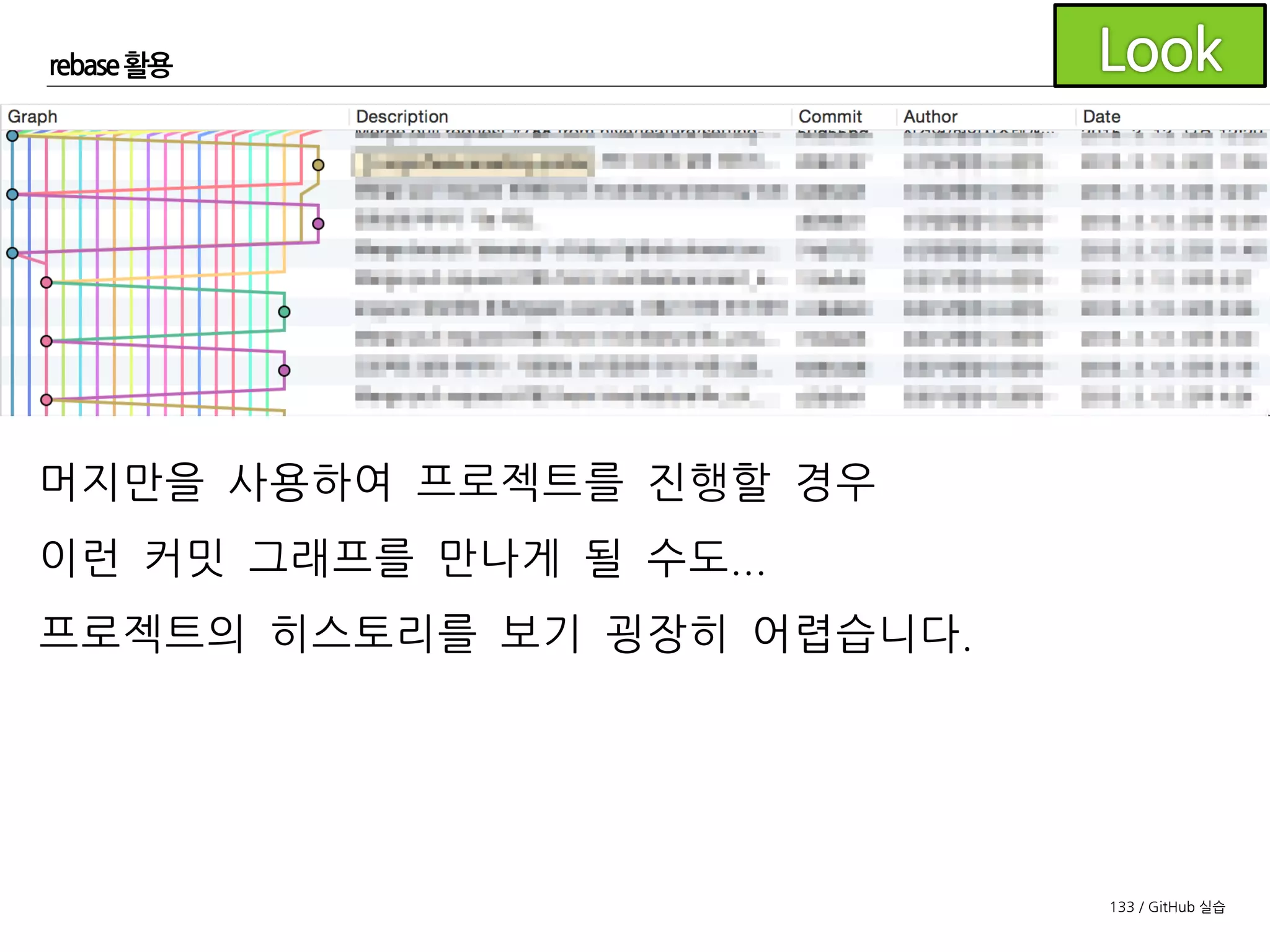 133 / GitHub 실습
rebase 활용
기본 원칙
- Feature 브랜치를 푸시하기 전 develop에 rebase
- 머지 전 develop에 내 feature 브랜치가 가지 친 후의 커밋이
존재한다면 다시 develop에 rebase
- develop 머지 시에 다른 사람들은 잠시 develop을 놔두기
 