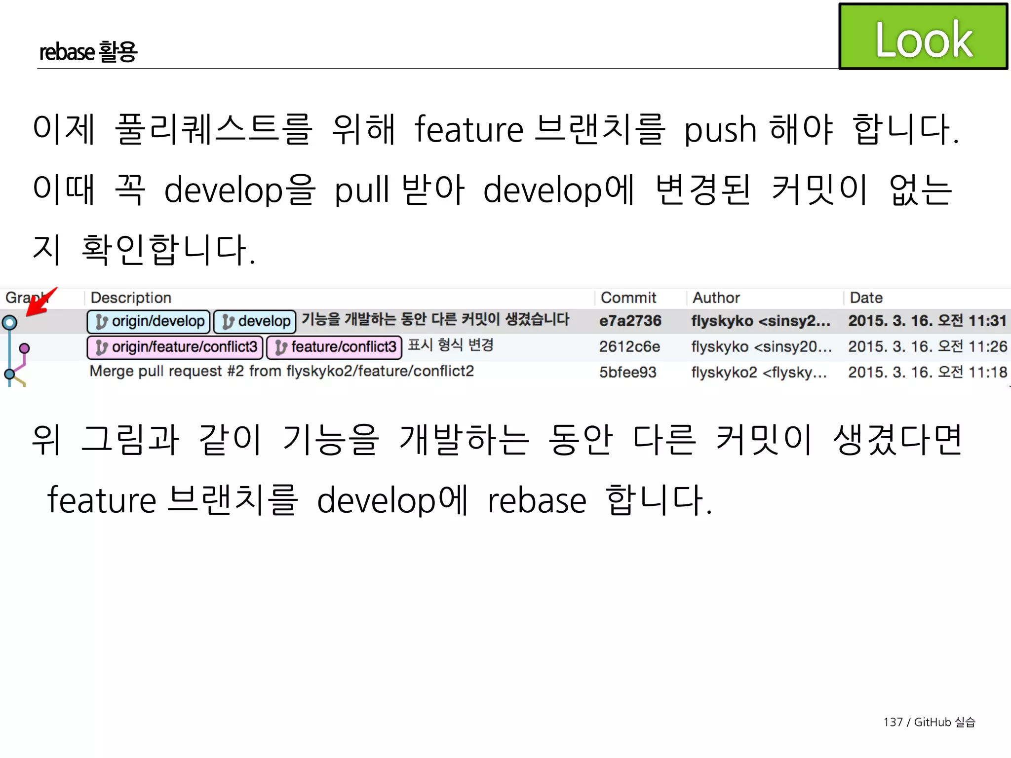 137 / GitHub 실습
rebase 활용
Feature 브랜치를 체크아웃 받은 상태에서
develop 브랜치 위에서 컨텍스트 메뉴를 불러와
Rebase current changeson develop을 클릭합니다.
 