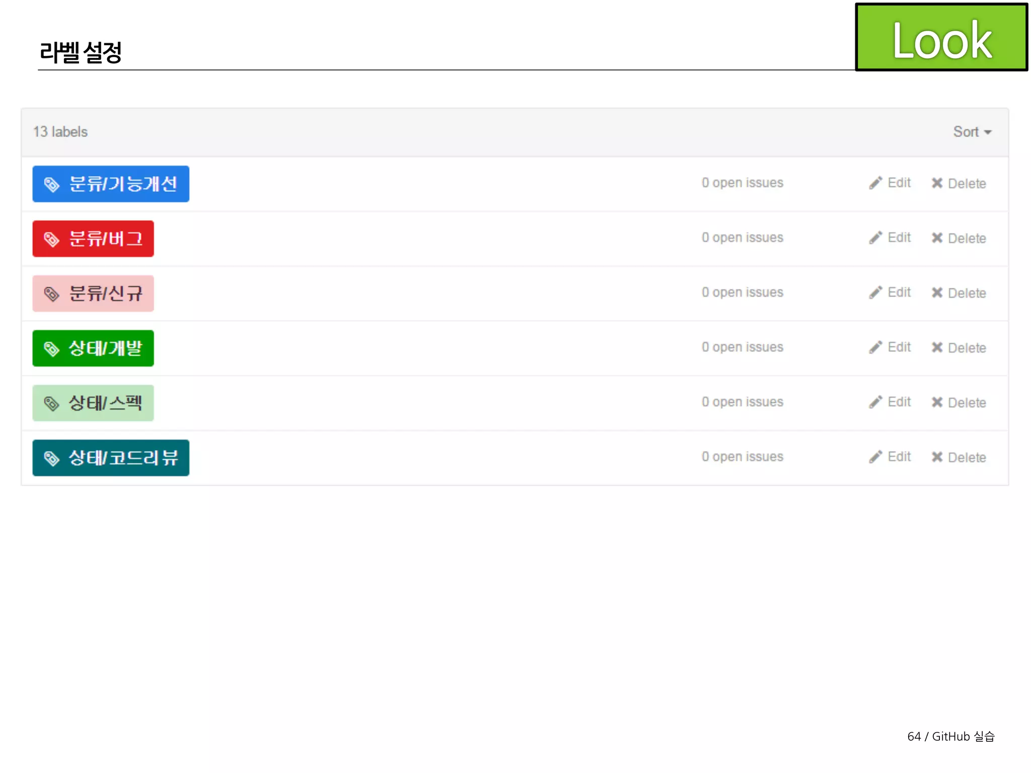 64 / GitHub 실습
라벨설정
라벨의 구성을 자유롭게 변경하세요.
 