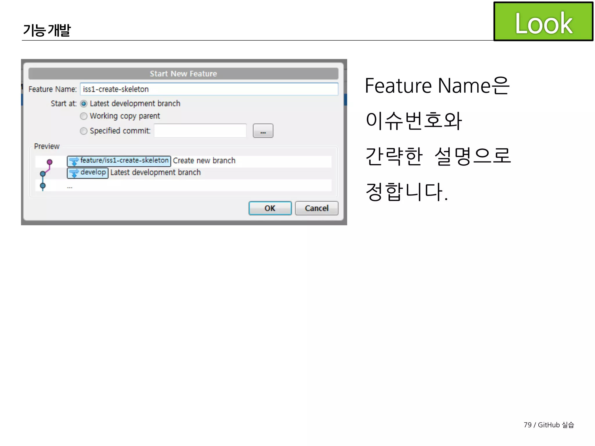 79 / GitHub 실습
기능개발
feature/iss1-create-skeleton브랜치가
생성되고 checkout된 것을
확인할 수 있습니다.
 