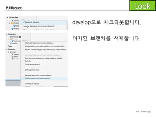 116 / GitHub 실습
Pull Request
풀리퀘스트 페이지의 머지 버튼을 이용하여
feature 브래치를 develop 브랜치로 머지하고
로컬의 feature 브랜치 정보를 정리합니다.
(조원은 develop의 변경사항을 pull 받습니다)
 