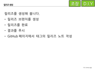 170 / GitHub 실습
정리
- GitHub과 SourceTree를 이용한 Git 기본 사용법
- 저장소 생성, 복제, 파일 상태 변경, 커밋, 푸시
- GitHub을 이용한 프로젝트 관리
- 협업자 설정, 마일스톤/라벨/이슈 관리
- 기능의 개발, GitHub flow(Pull Request)
- rebase를 활용한 로그 그래프 관리
- 릴리즈 생성
 