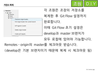 54 / GitHub 실습
협업자 추가
조원을 협업자로 추가합니다.
- Settings - Collaborator
- 아이디로 검색 후 추가
 
