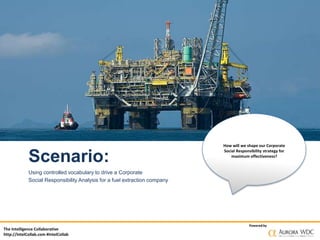 The Intelligence Collaborative
http://IntelCollab.com #IntelCollab
Powered by
How will we shape our Corporate
Social Responsibility strategy for
maximum effectiveness?
Scenario:
Using controlled vocabulary to drive a Corporate
Social Responsibility Analysis for a fuel extraction company
 