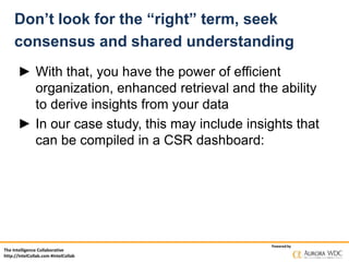 The Intelligence Collaborative
http://IntelCollab.com #IntelCollab
Powered by
Don’t look for the “right” term, seek
consensus and shared understanding
► With that, you have the power of efficient
organization, enhanced retrieval and the ability
to derive insights from your data
► In our case study, this may include insights that
can be compiled in a CSR dashboard:
 