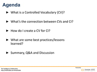 The Intelligence Collaborative
http://IntelCollab.com #IntelCollab
Powered by
Agenda
► What is a Controlled Vocabulary (CV)?
► What’s the connection between CVs and CI?
► How do I create a CV for CI?
► What are some best practices/lessons
learned?
► Summary, Q&A and Discussion
 