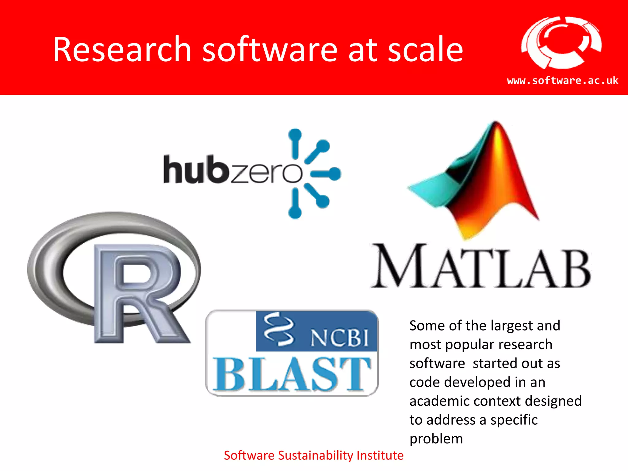 Software Sustainability Institute
www.software.ac.uk
Research software at scale
Some of the largest and
most popular research
software started out as
code developed in an
academic context designed
to address a specific
problem
 