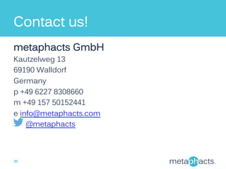 Contact us!
metaphacts GmbH
Kautzelweg 13
69190 Walldorf
Germany
p +49 6227 8308660
m +49 157 50152441
e info@metaphacts.com
@metaphacts
20	
  
 