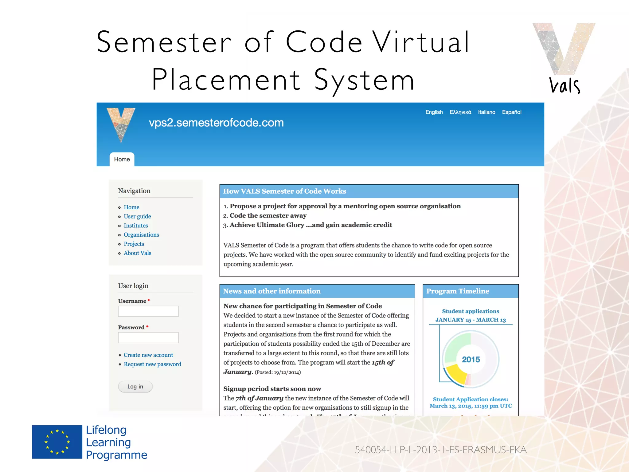 Semester of Code Vir tual
Placement System
540054-LLP-L-2013-1-ES-ERASMUS-EKA
 